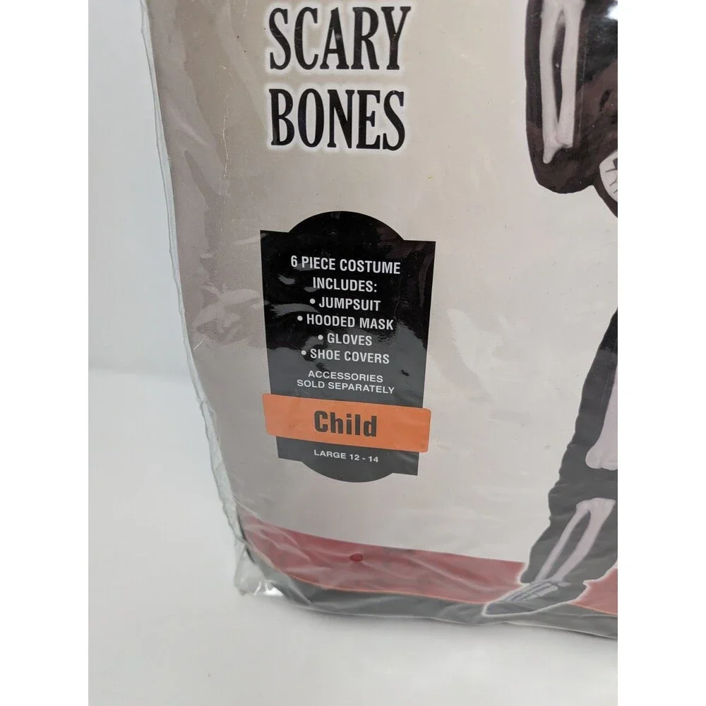 Scary Bones Skeleton Costume Kids Boys Large 12-14 Halloween NEW 6-Piece Set